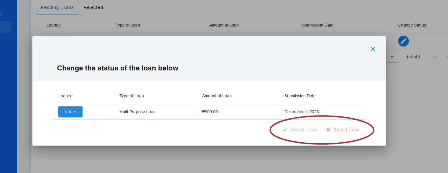 Loan approval and rejection buttons