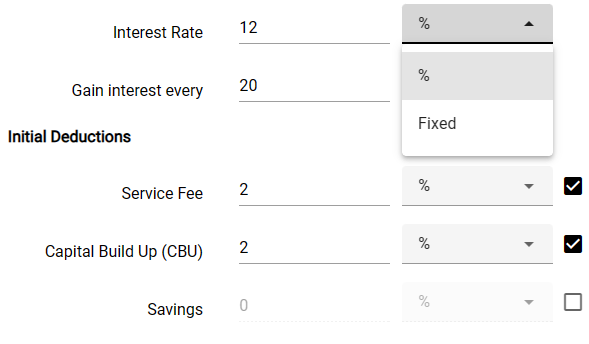 Loan and Deposit Settings screenshot