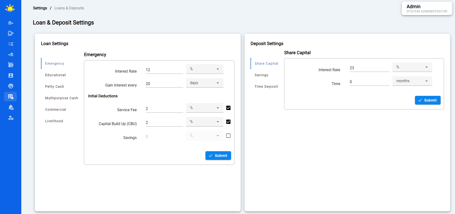 Loan and Deposit Settings screenshot