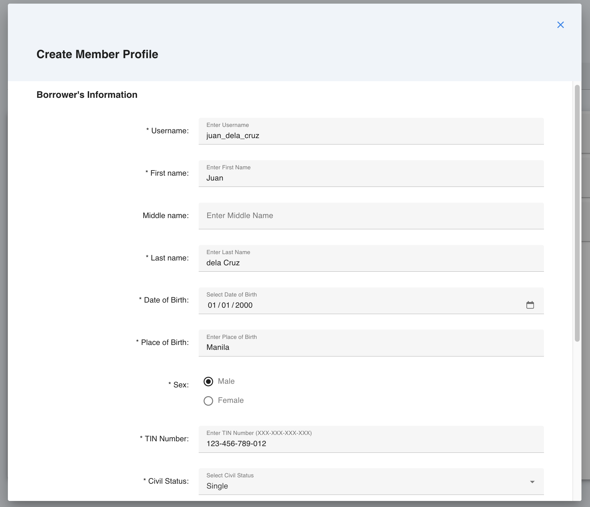 Member profile creation form