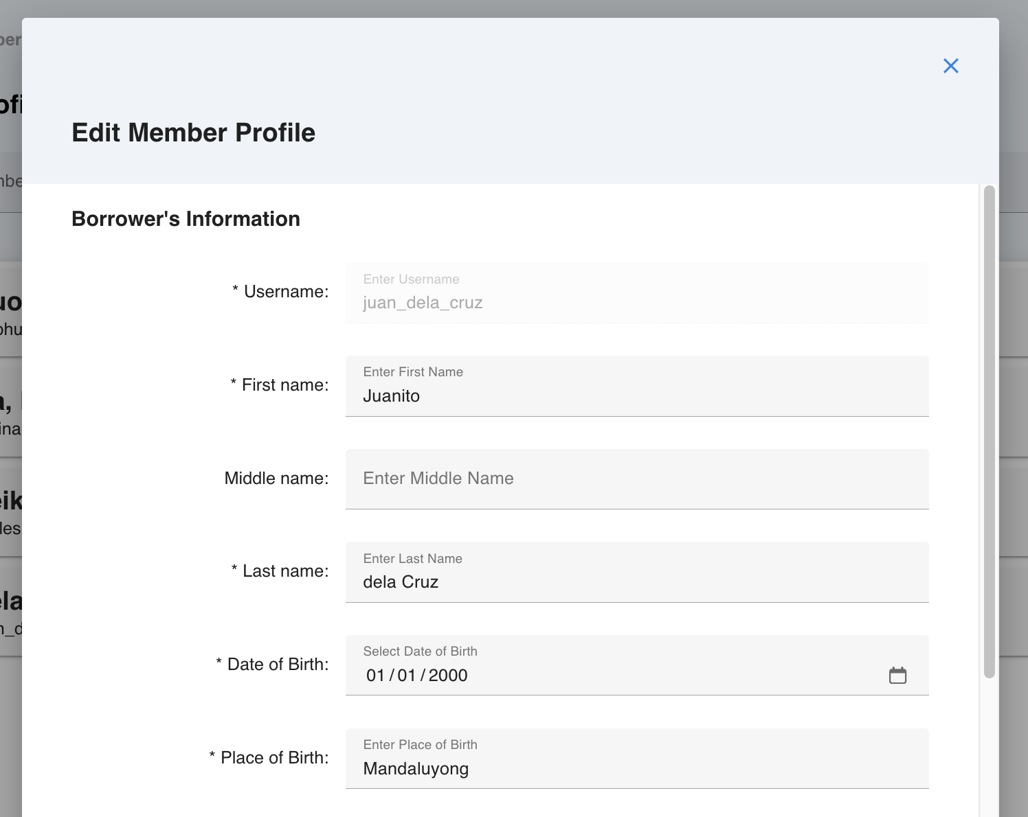 Member profile edit form