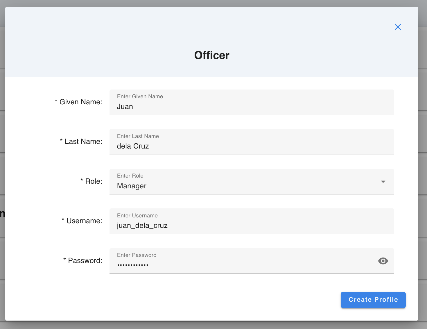 Officer profile creation form